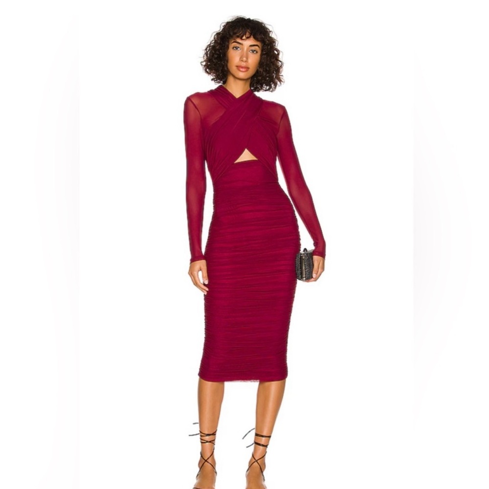 Bardot Deep Red Long Sleeve Dress sexy Mesh Ruched NWT